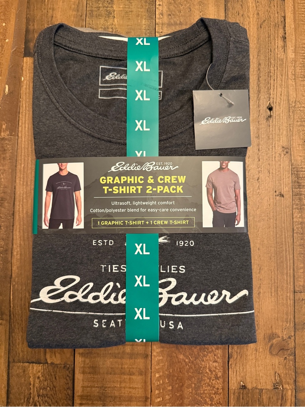 NWT Eddie Bauer Men’s Graphic & Crew Soft T-Shirt 2-Pack Gray Charcoal Size XL